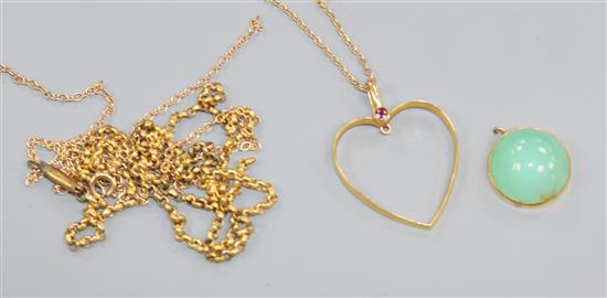 A 15ct and gem set openwork heart pendant, one other pendant and three 9ct gold chains.